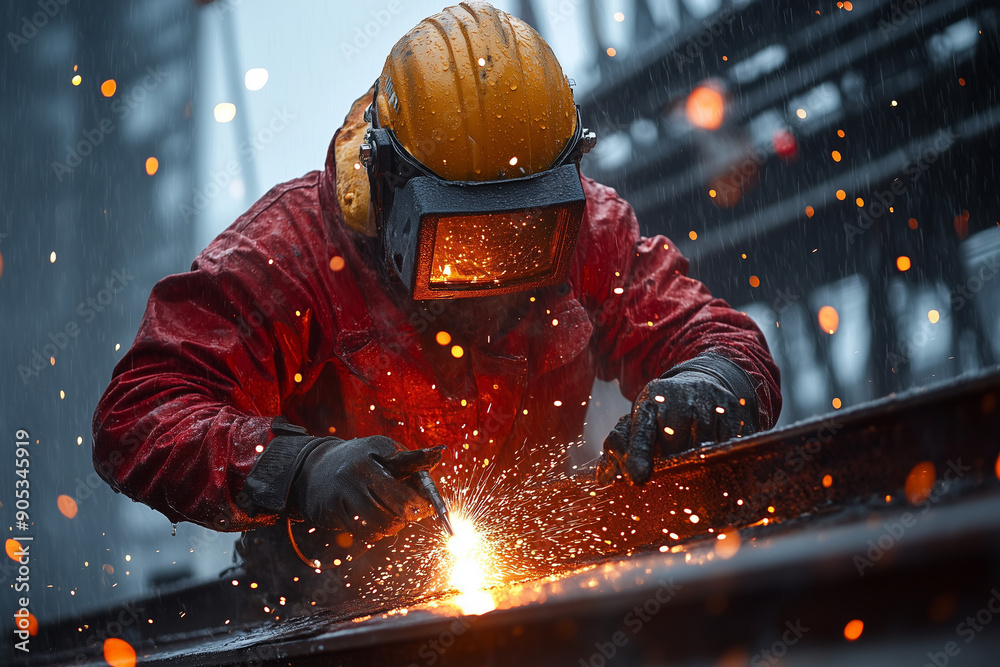 Close up shot gas welder with welding helmet ,hard hat, gloves and protection suit, Argon welder in steel factory. Close up shot gas welder with welding helmet ,hard hat, gloves and protection suit, Argon welder in steel factory.