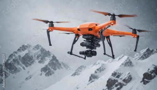A search and rescue drone hovering above a snow-covered mountain during a blizzard, capturing thermal images of the terrain below despite the harsh winds and limited visibility.
