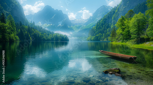 A serene lake with a boat floating on it