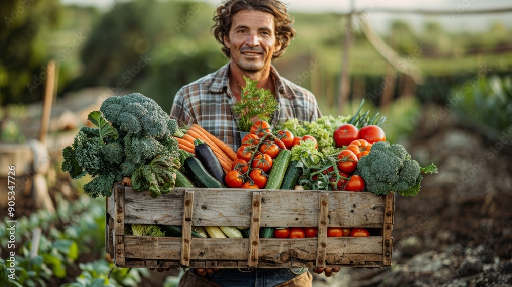 Obraz premium A Smiling Farmer Holding a Bounty of Fresh Vegetables in a Field at Sunset. Generative AI