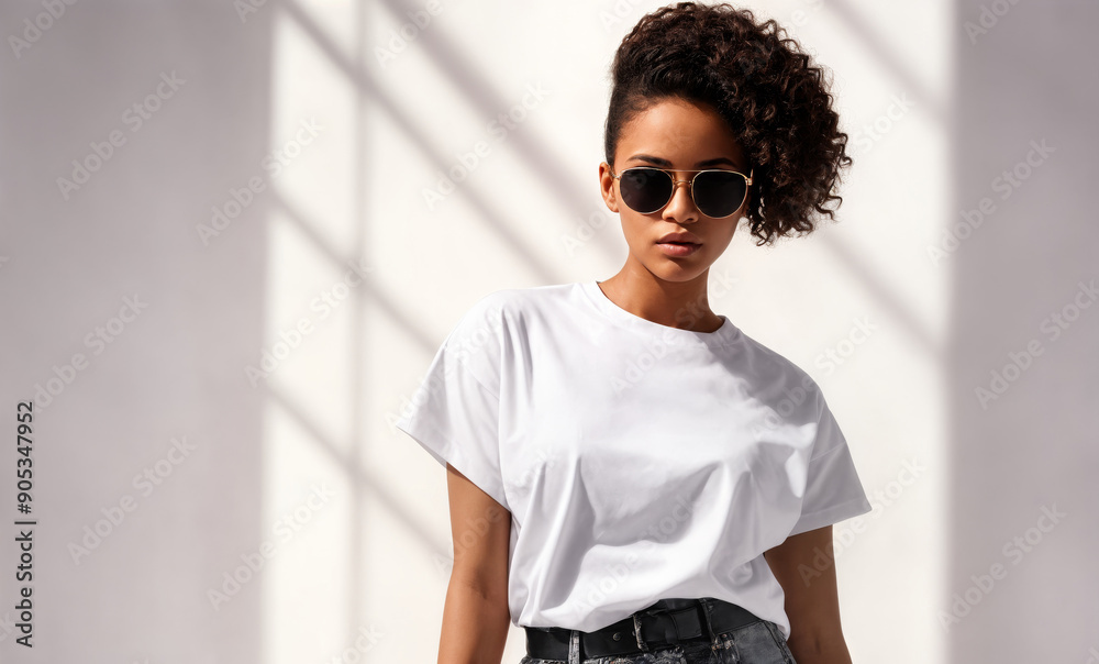woman in a white t-shirt and jeans is standing in front of a window with sunlight shining through. woman in a white t-shirt and jeans is standing in front of a window with sunlight shining through.