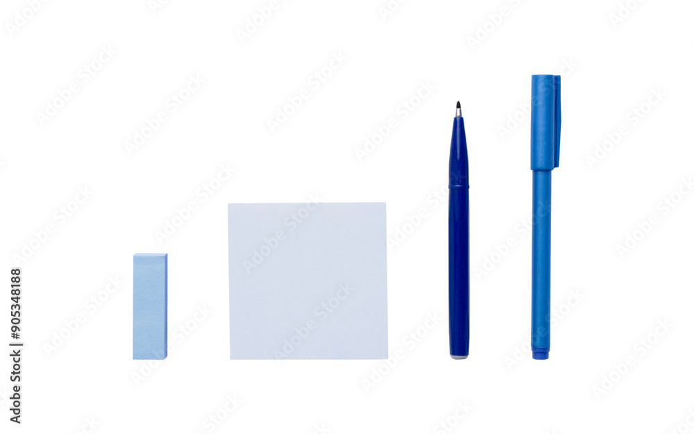Blue stationery cutout of a sticky note with a sign pen and ballpoint pen and a square sticky note as an index Blue stationery cutout of a sticky note with a sign pen and ballpoint pen and a square sticky note as an index