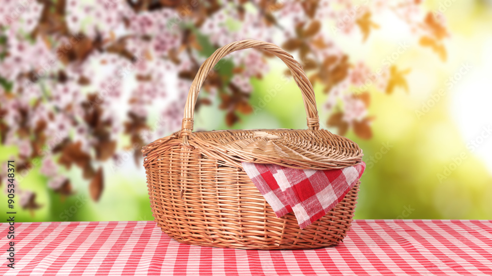 Wicker picnic basket with red checkered napkin on table in nature, banner design Wicker picnic basket with red checkered napkin on table in nature, banner design