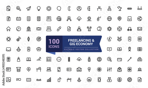 Freelancing and Gig Economy icon set. Work in home office, Online communication and collaboration. Simple editable vector stroke illustration.