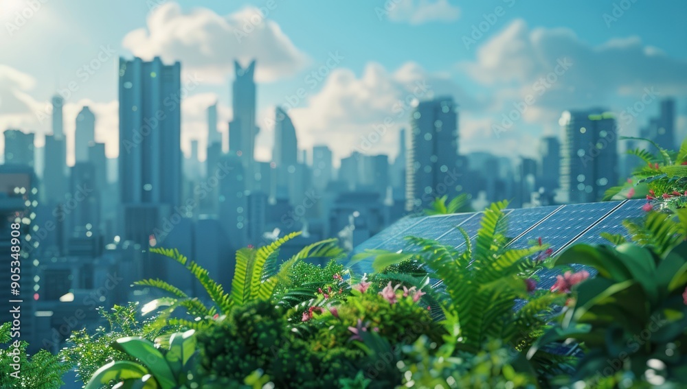 Fototapeta premium Solar Panels and Greenery on Rooftop with City Skyline