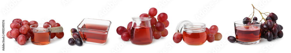 Wine vinegar and fresh grapes isolated on white, set Wine vinegar and fresh grapes isolated on white, set