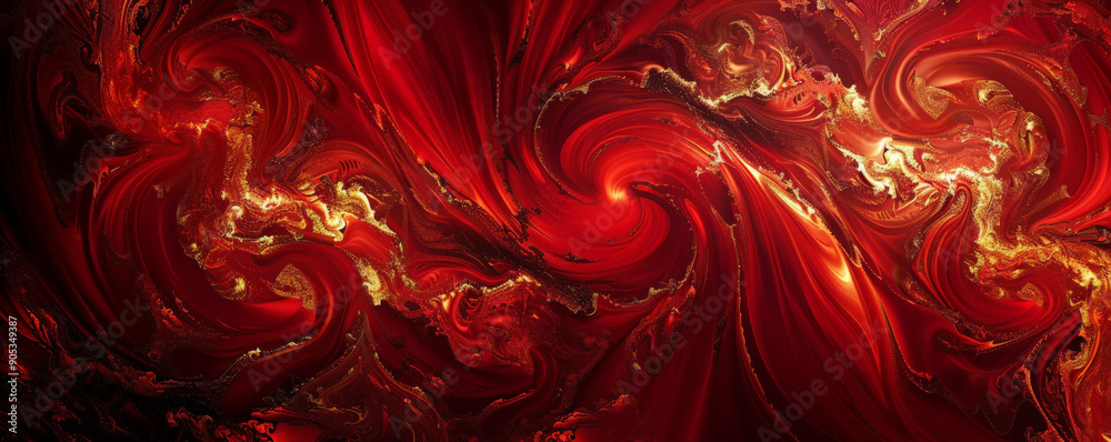 A vivid crimson abstract background with swirling patterns of gold and black, creating a dynamic and elegant look, emphasizing depth and texture with a smooth gradient transition.