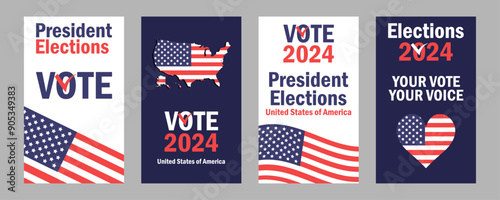 Banners United States presidential election 2024 with flag and map USA.