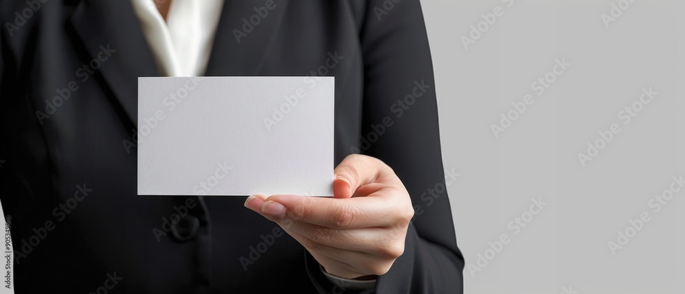 Businessperson in a suit holding a blank card, perfect for corporate branding, networking, or advertising concepts on a neutral background. Businessperson in a suit holding a blank card, perfect for corporate branding, networking, or advertising concepts on a neutral background.