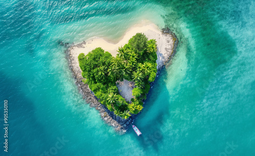 An aerial view of a heart-shaped tropical island surrounded by turquoise waters and lush green foliage, symbolizing romance and paradise.