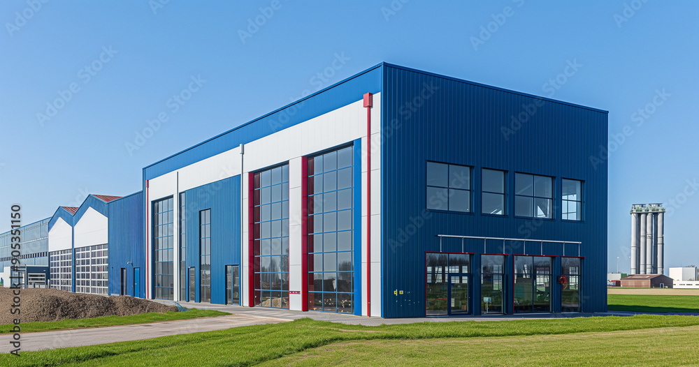 Fototapeta premium Exterior of an industrial warehouse dock station with blue walls and red edges, surrounded by green grass. Commercial storehouse building, business unit, cargo factory, distribution, logistics.