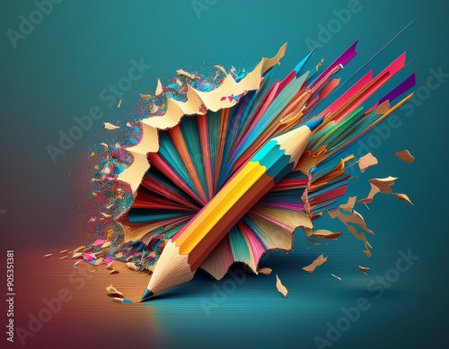 Modern Academic Art Pencil with Shavings on Bright Background with Copy Space photo