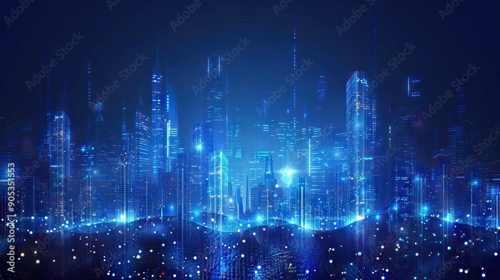 Abstract City Skyline Glowing with Digital Lights. AI generated illustration.