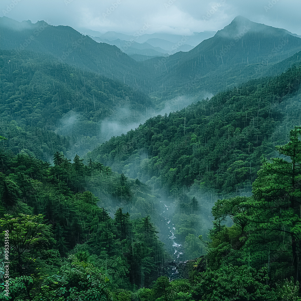 Obraz premium A lush green forest with a river running through it