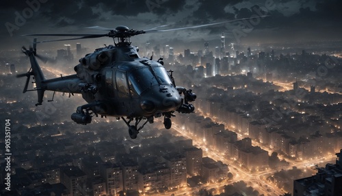 A heavily armed combat helicopter patrolling over a dense urban area at night, its rotors slicing through the air as it scans the cityscape with searchlights and advanced sensors.
 photo