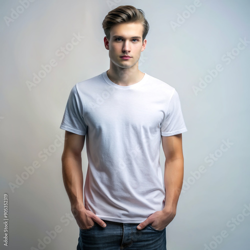 Young Man in Colored T-Shirt Mockup with Space for Custom Design