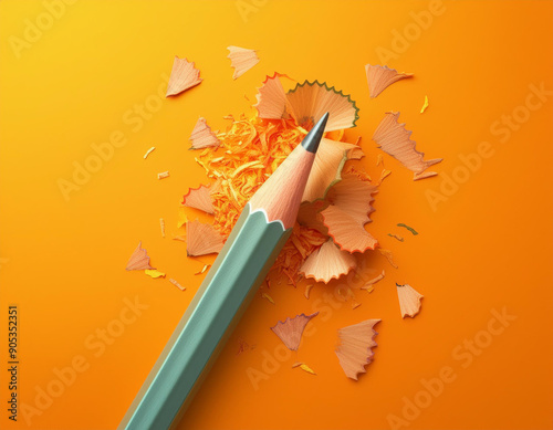 Modern Academic Art Pencil with Shavings on Bright Background with Copy Space photo