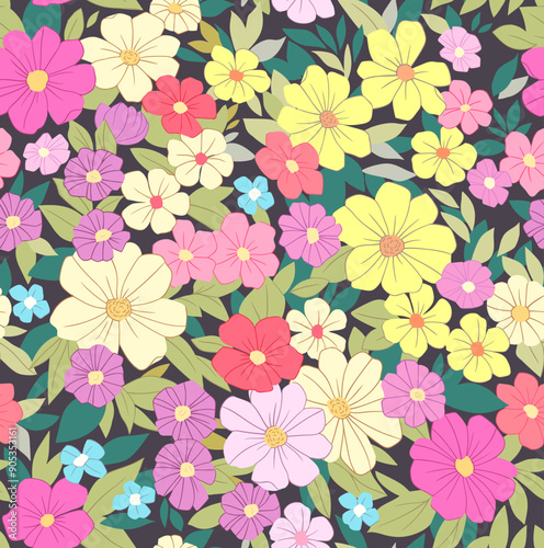 Liberty floral pattern in small abstract flowers. Small colorful flowers. Black background. Ditsy print. Floral seamless background. Vintage template for fashion prints. Stock pattern.