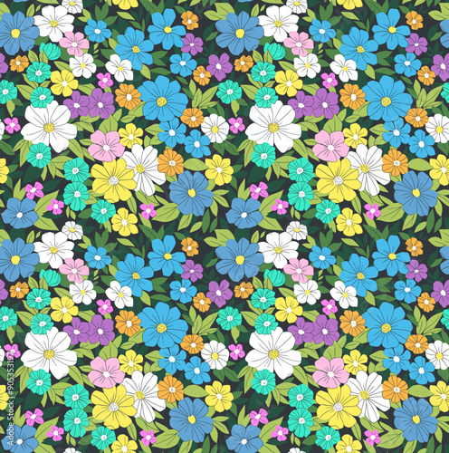 Seamless vector floral pattern. Liberty background of bright colorful realistic flowers. Print with bouquets of flowers from the garden. Bright yellow and blue flowers on a black background.