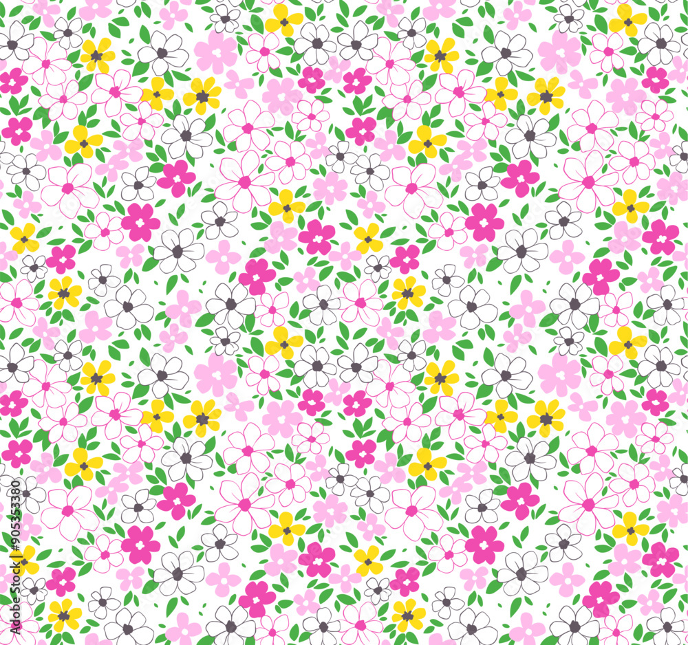 Floral pattern. Cute flowers on white background. Printing with small yellow, pink and white flowers. Ditsy print. Seamless vector texture. Spring bouquet. Floral pattern. Cute flowers on white background. Printing with small yellow, pink and white flowers. Ditsy print. Seamless vector texture. Spring bouquet.