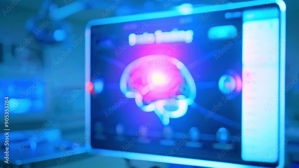 The video shows a computer screen with a stylized image of a brain with a bright light on it. The words The video shows a computer screen with a stylized image of a brain with a bright light on it. The words