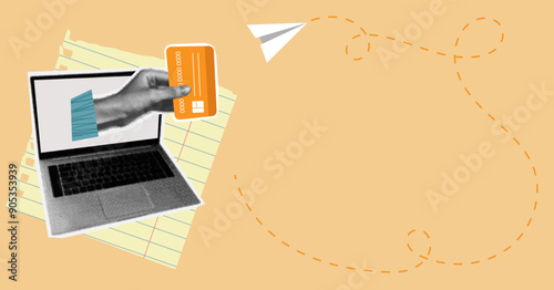 Abstract background with halftone lap-top hand hold credit card. Banking and online payment concept. Finance literacy.