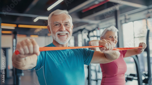 senior man and woman doing sport stretching exercises standing in gym indoor.