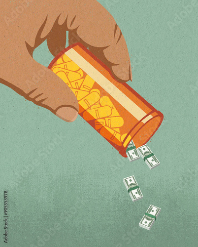 Medicine falling from pill bottle as bundles of money