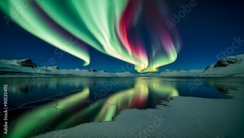 Reflection of aurora borealis in frozen lake, Northern lights in winter, 