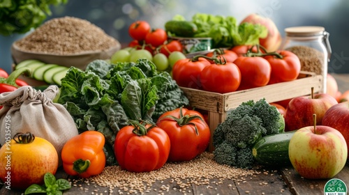 Vibrant Fresh Produce Displayed on Rustic Wooden Table in Sunlit Kitchen. Generative AI © Рудой Максим