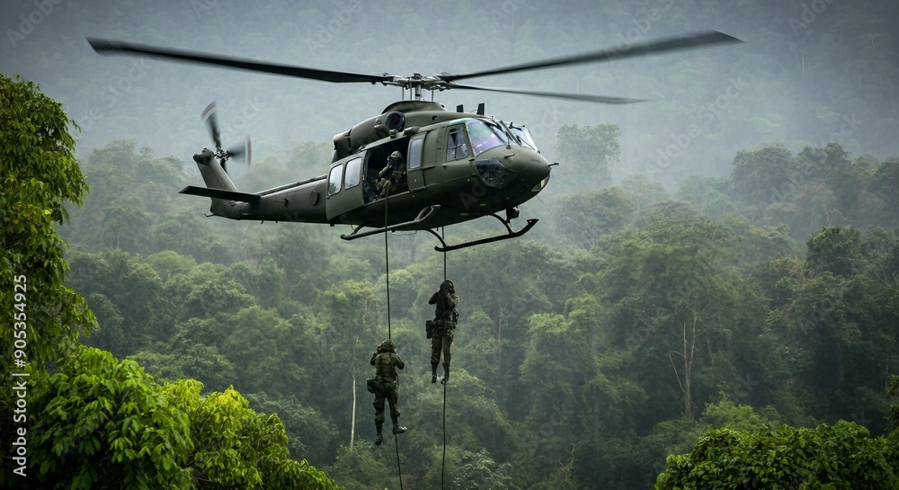A military helicopter hovering above a dense Vietnamese jungle in heavy rain, with soldiers rappelling down into the thick greenery below.
A military helicopter hovering above a dense Vietnamese jungle in heavy rain, with soldiers rappelling down into the thick greenery below.