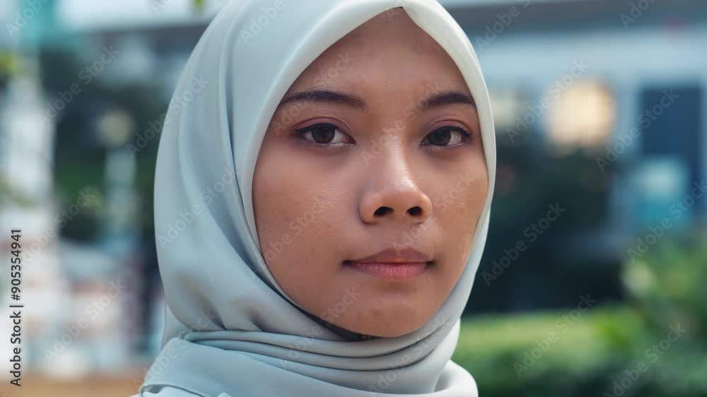 Portrait of a Beautiful Woman Standing Outdoors in Hijab. Adorable Young Muslim Girl Gazing at the Camera. Charming Face of an Islamic Lady. People Concept Portrait of a Beautiful Woman Standing Outdoors in Hijab. Adorable Young Muslim Girl Gazing at the Camera. Charming Face of an Islamic Lady. People Concept