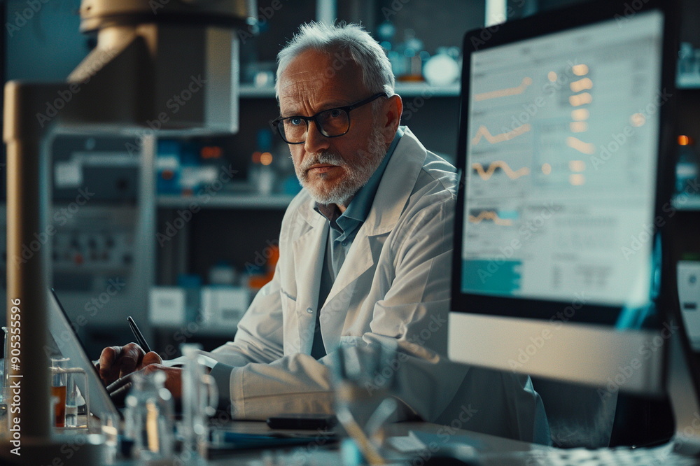 Senior scientist analyzing data in a laboratory setting. advanced research and technological development. experienced researcher working on scientific experiments Senior scientist analyzing data in a laboratory setting. advanced research and technological development. experienced researcher working on scientific experiments