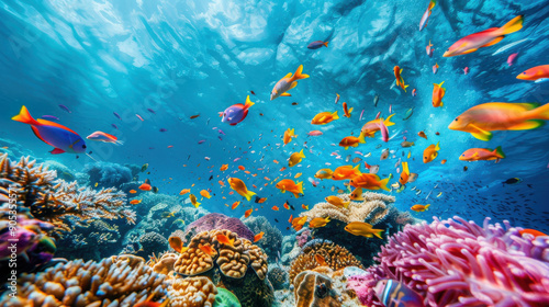 Fototapeta Naklejka Na Ścianę i Meble -  A vibrant coral reef teeming with colorful fish and marine life, viewed from beneath the clear blue water.