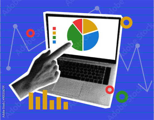 Data analytics concept. Halftone hand show date information in trendy collage style. Business data graph. Achieving high results.