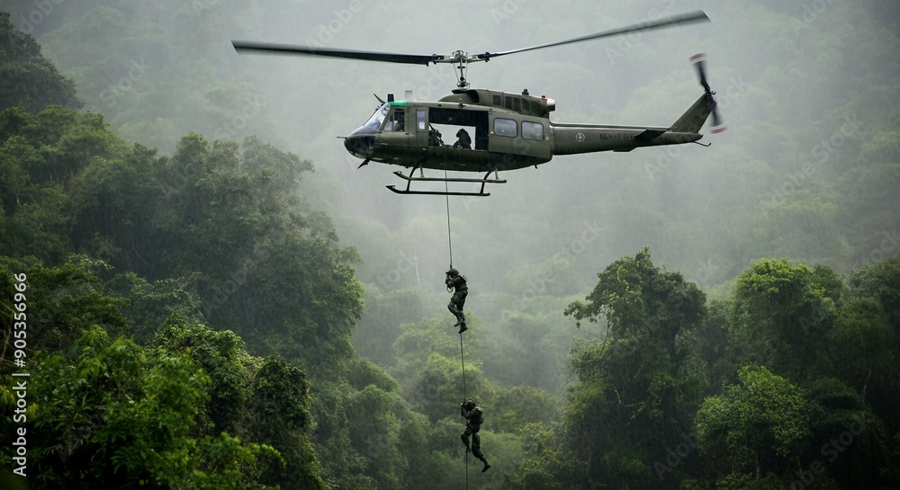 A military helicopter hovering above a dense Vietnamese jungle in heavy rain, with soldiers rappelling down into the thick greenery below.
A military helicopter hovering above a dense Vietnamese jungle in heavy rain, with soldiers rappelling down into the thick greenery below.