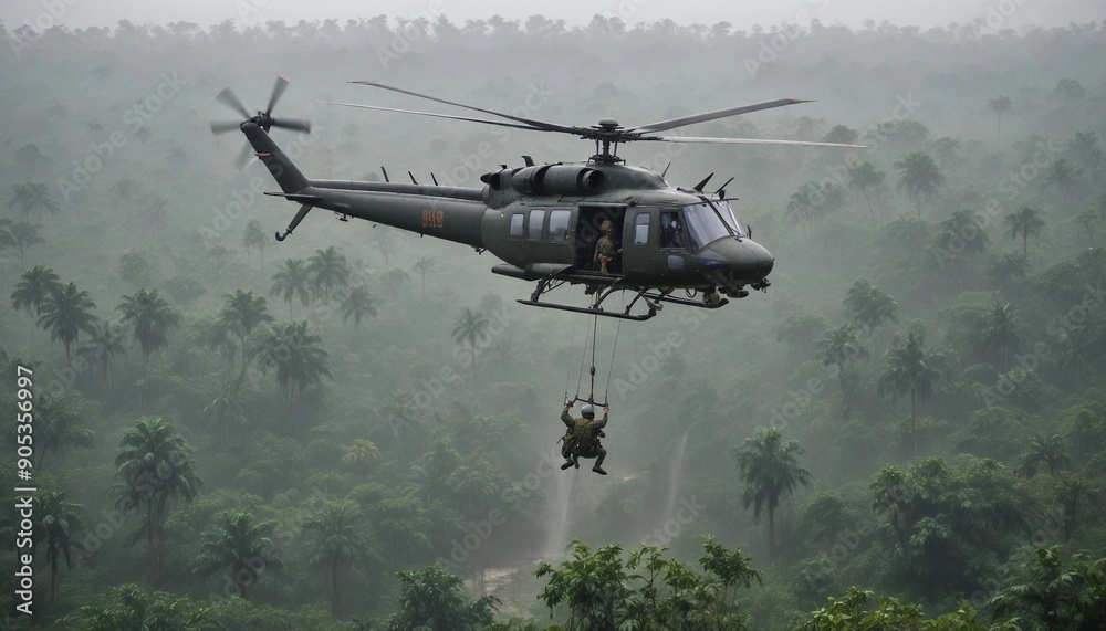 A military helicopter hovering above a dense Vietnamese jungle in heavy rain, with soldiers rappelling down into the thick greenery below.
A military helicopter hovering above a dense Vietnamese jungle in heavy rain, with soldiers rappelling down into the thick greenery below.