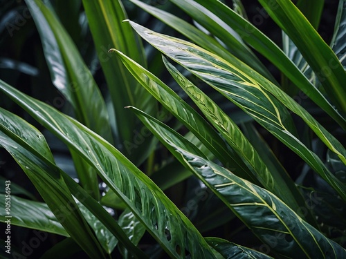 Nature background featuring closeup of textured green tropical leaves photo