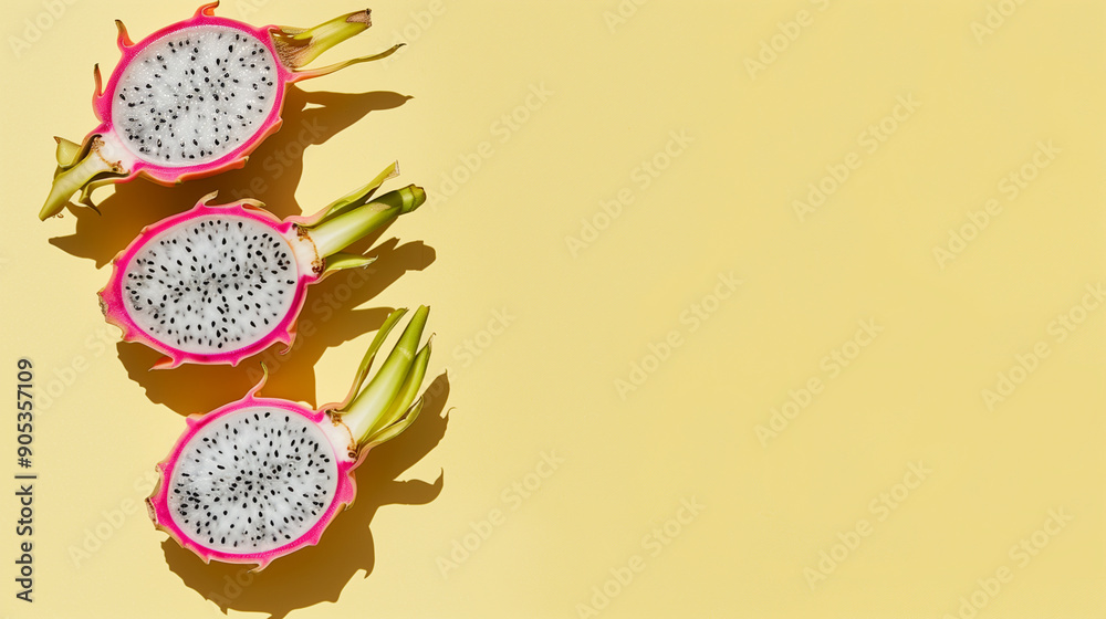 Two Dragonfruit Halves on Yellow Background Two Dragonfruit Halves on Yellow Background