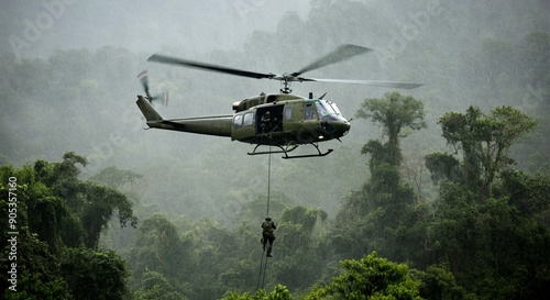 A military helicopter hovering above a dense Vietnamese jungle in heavy rain, with soldiers rappelling down into the thick greenery below.
