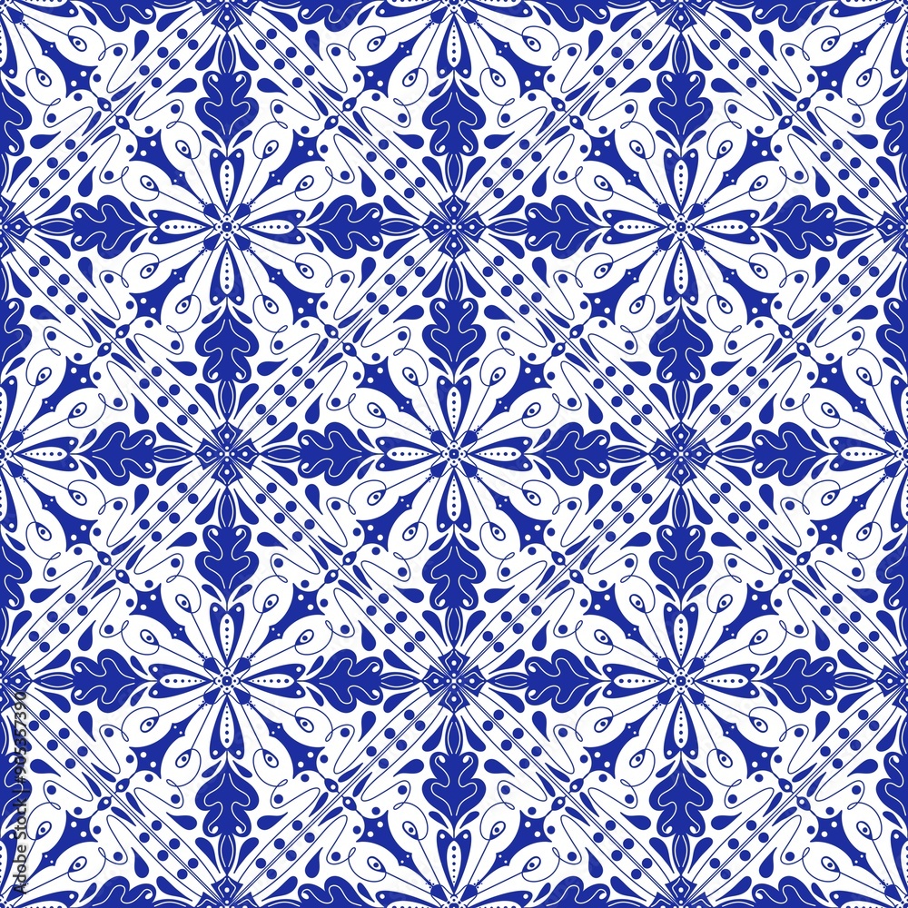 Fototapeta premium Blue and White Geometric Floral Pattern With Intricate Designs and Symmetry