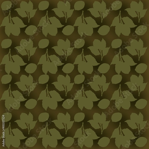 Seamless Pattern of Olive Leaves and Fruits on Dark Background