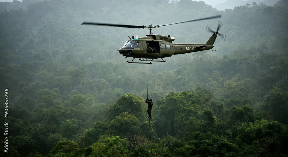 A military helicopter hovering above a dense Vietnamese jungle in heavy rain, with soldiers rappelling down into the thick greenery below.
A military helicopter hovering above a dense Vietnamese jungle in heavy rain, with soldiers rappelling down into the thick greenery below.