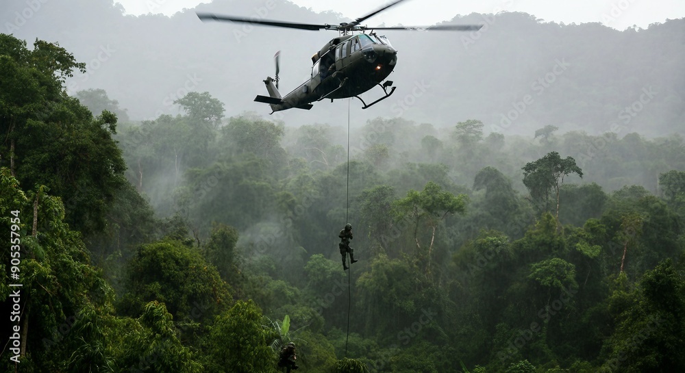 A military helicopter hovering above a dense Vietnamese jungle in heavy rain, with soldiers rappelling down into the thick greenery below.
A military helicopter hovering above a dense Vietnamese jungle in heavy rain, with soldiers rappelling down into the thick greenery below.