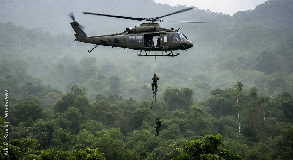 A military helicopter hovering above a dense Vietnamese jungle in heavy rain, with soldiers rappelling down into the thick greenery below.
A military helicopter hovering above a dense Vietnamese jungle in heavy rain, with soldiers rappelling down into the thick greenery below.