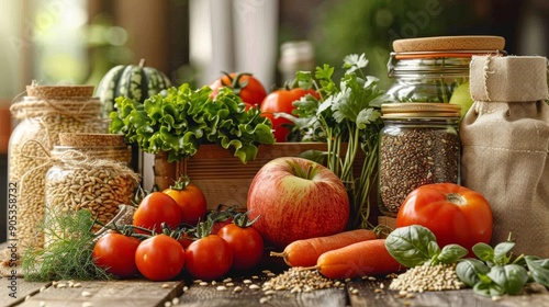 Fototapeta Naklejka Na Ścianę i Meble -  Fresh Produce Displayed on a Wooden Table in a Natural Setting With Various Vegetables and Fruits. Generative AI