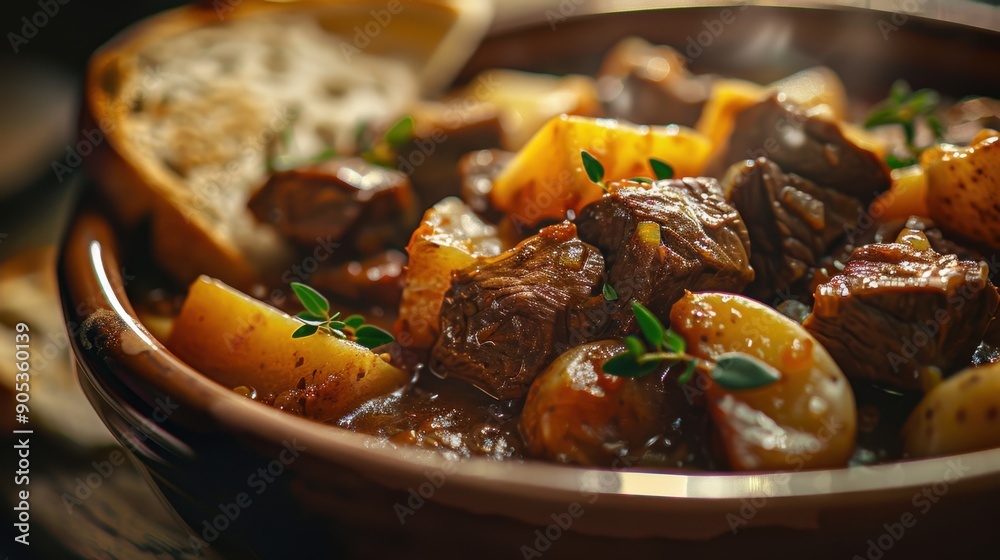 Hearty beef stew with potatoes and herbs served in a rustic bowl Hearty beef stew with potatoes and herbs served in a rustic bowl