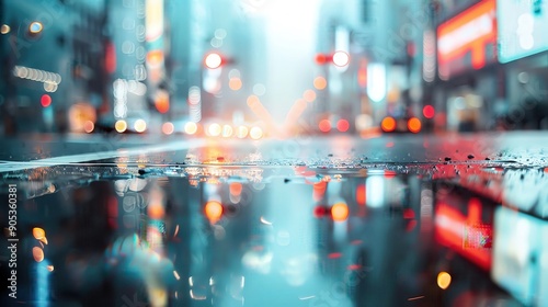 Mythical city reflected in a puddle, glowing lights, ethereal colors, misty night, magical feel