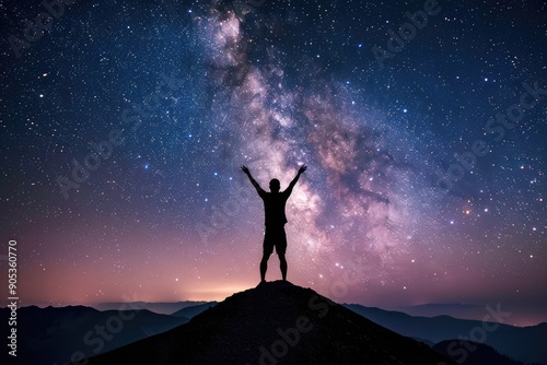 Athlete Silhouette Celebrating on Mountain Peak Under Vast Starry Sky With Milky Way Background