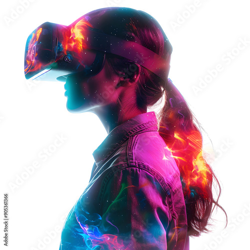 a woman wearing a vr headset stands in a brightly lit space, experiencing a virtual reality event with holographic networking isolated on white background, minimalism, png photo